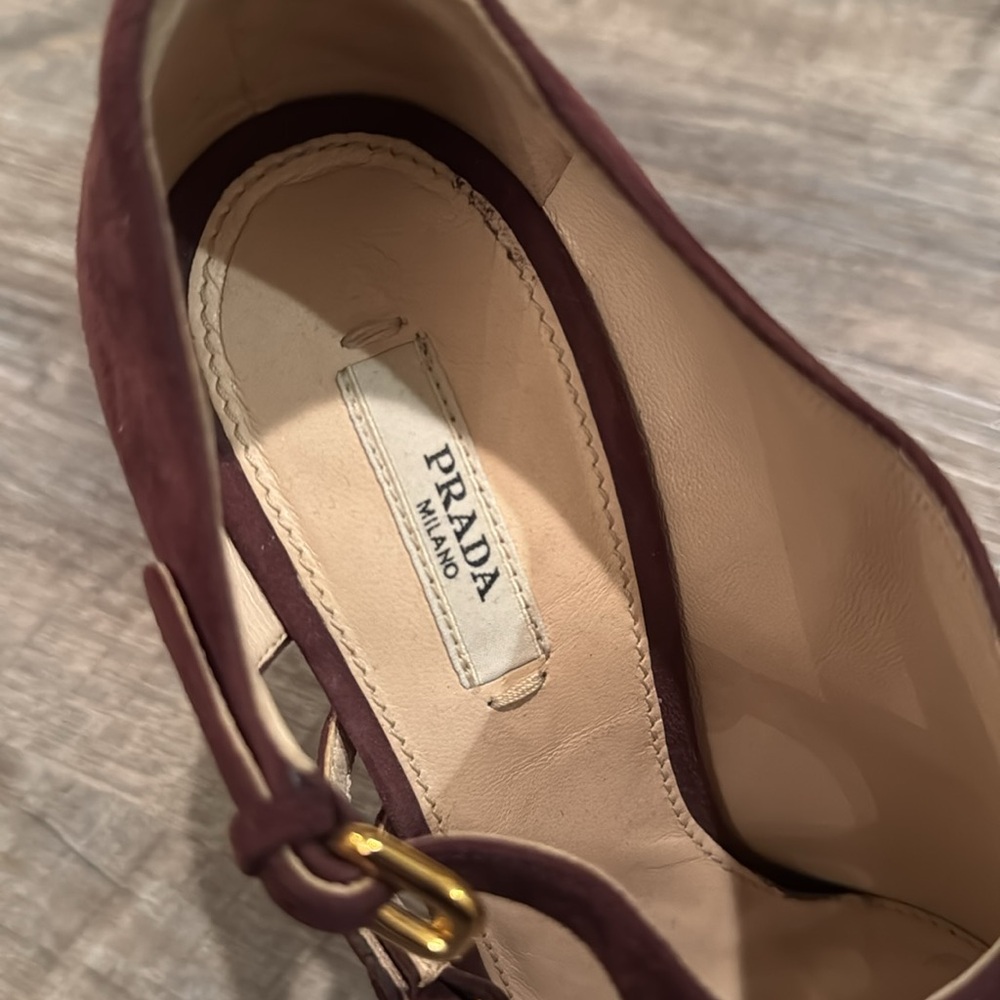 Prada Deep Burgundy Heels with Gold Accents - Picture 3 of 6